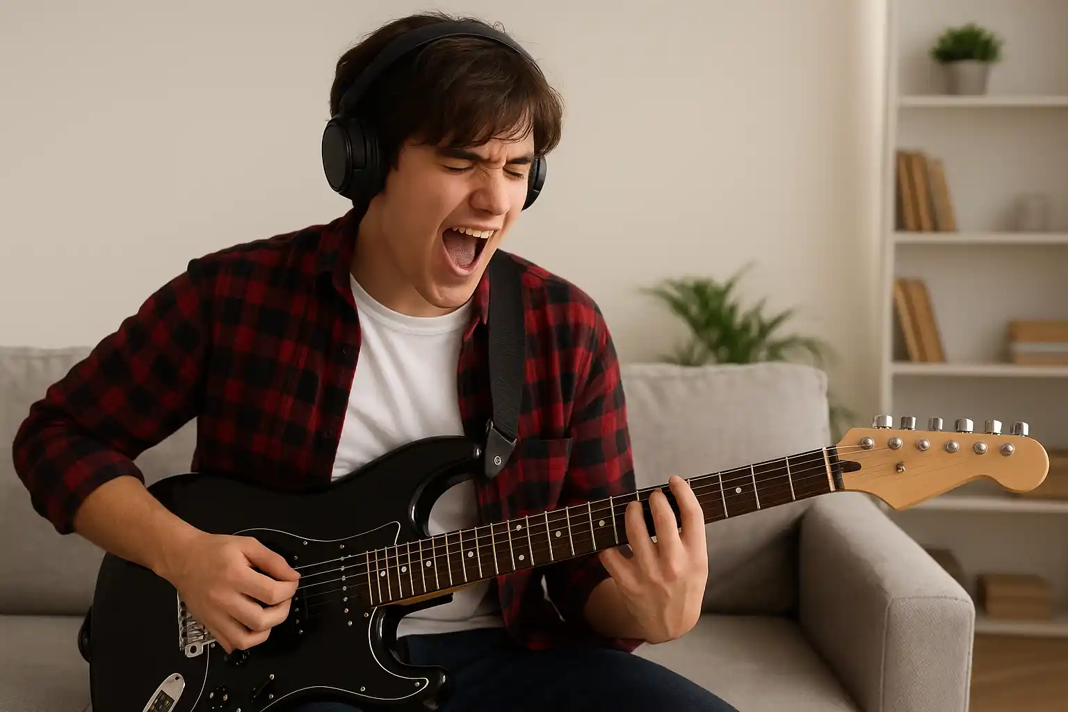 Alumno aprendiendo guitarra desde casa